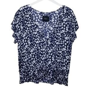 RAILS Navy White Floral Blouse Peplum Tie Waist Flutter Sleeves Size M